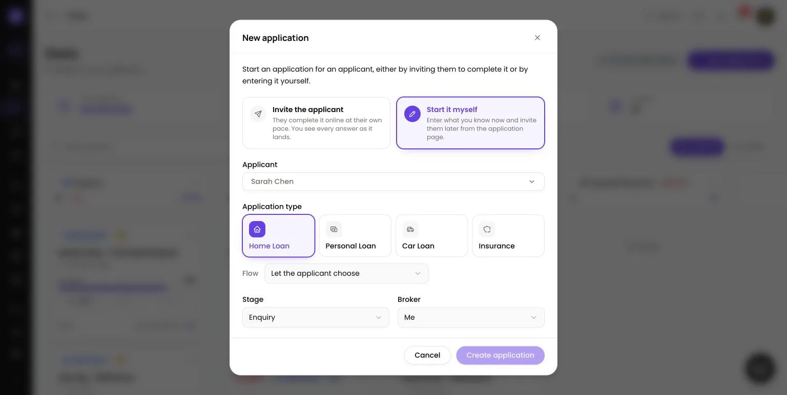 New application dialog in Lend1 with Start it myself selected, showing the Applicant, Application type, Flow, Stage and Broker fields