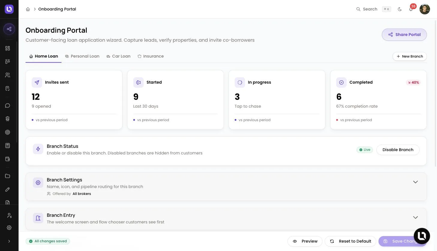 Onboarding Portal page in Lend1 with the Home Loan branch tab active, the invites and completion tiles, the Branch Status card showing Live, and the Share Portal button