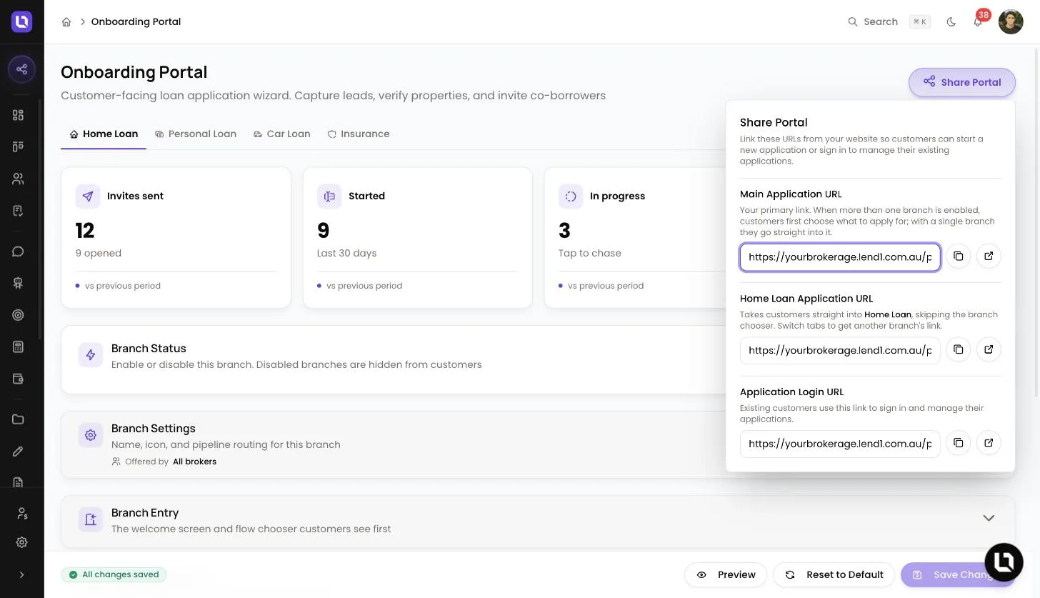 Share Portal popover listing the Main Application URL, the Home Loan Application URL and the Application Login URL, each with a copy button