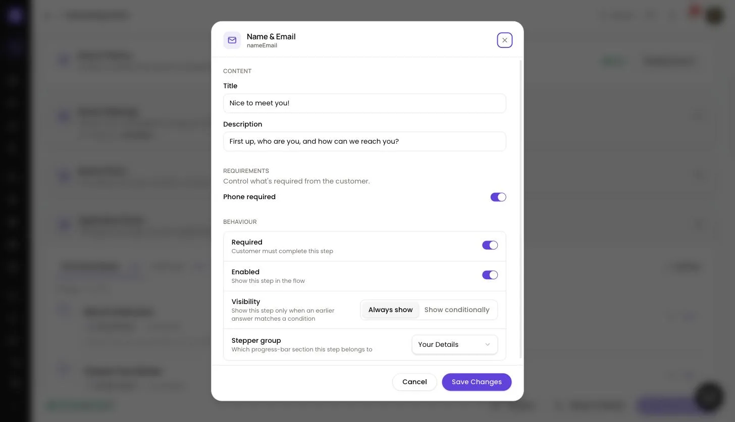 Step configuration dialog for the Name and Email step, showing the Title and Description fields and the Required, Enabled and Visibility settings under Behaviour
