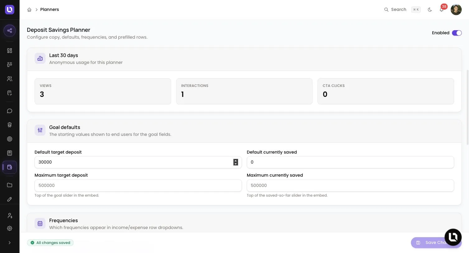 Deposit Savings Planner tab in Lend1, showing the Enabled switch, 30 day usage tiles and the Goal defaults card with target deposit and currently saved fields