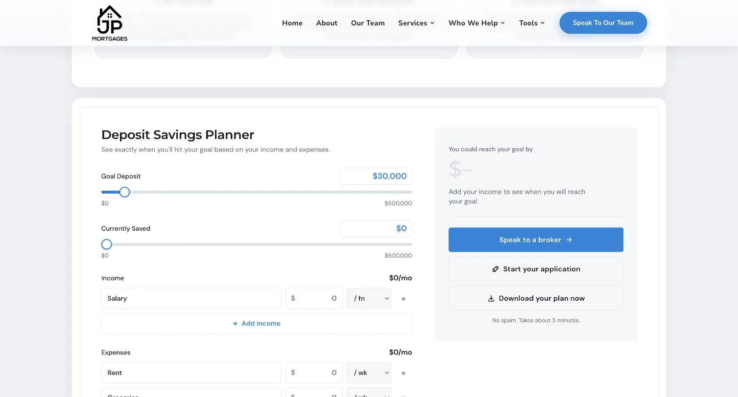 Deposit Savings Planner embedded on a mortgage broker's website, showing the goal and savings sliders, income and expense rows, and Speak to a broker, Start your application and Download your plan now buttons