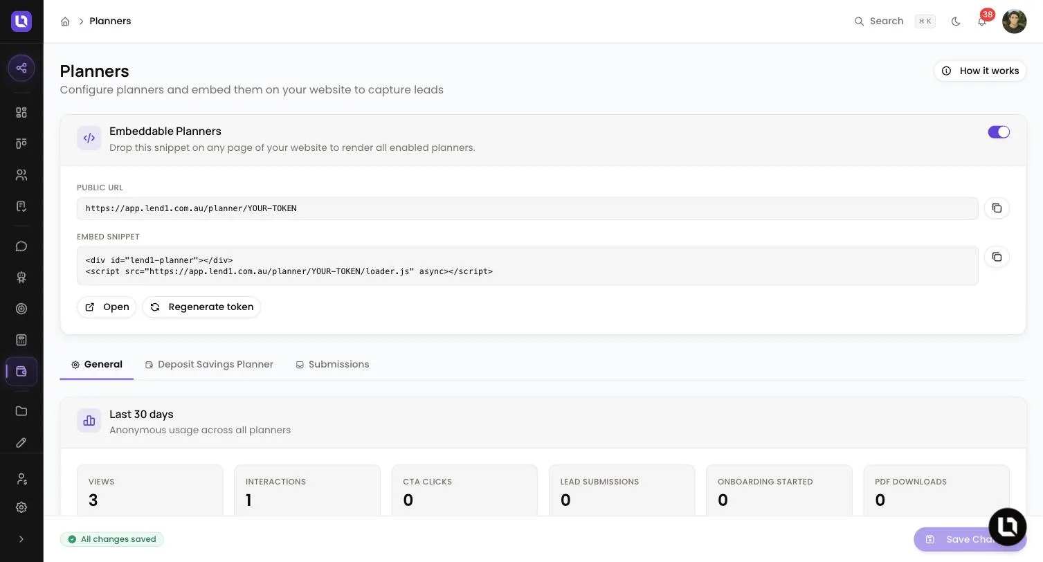Planners page in Lend1, showing the Embeddable Planners card with its Public URL and Embed snippet, and tabs for General, Deposit Savings Planner and Submissions