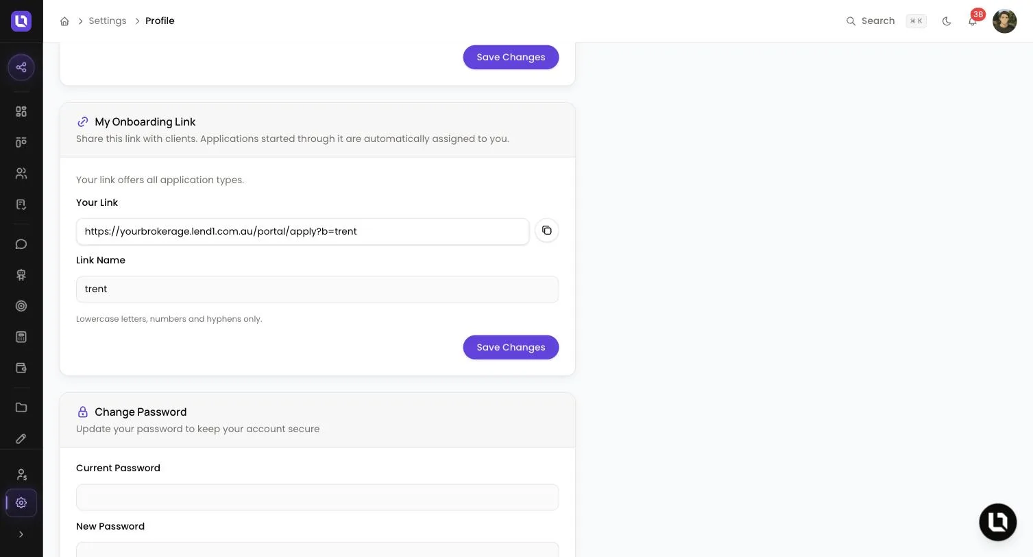 My Onboarding Link card on the Profile page in Lend1, showing Your Link with a copy button and the Link Name field