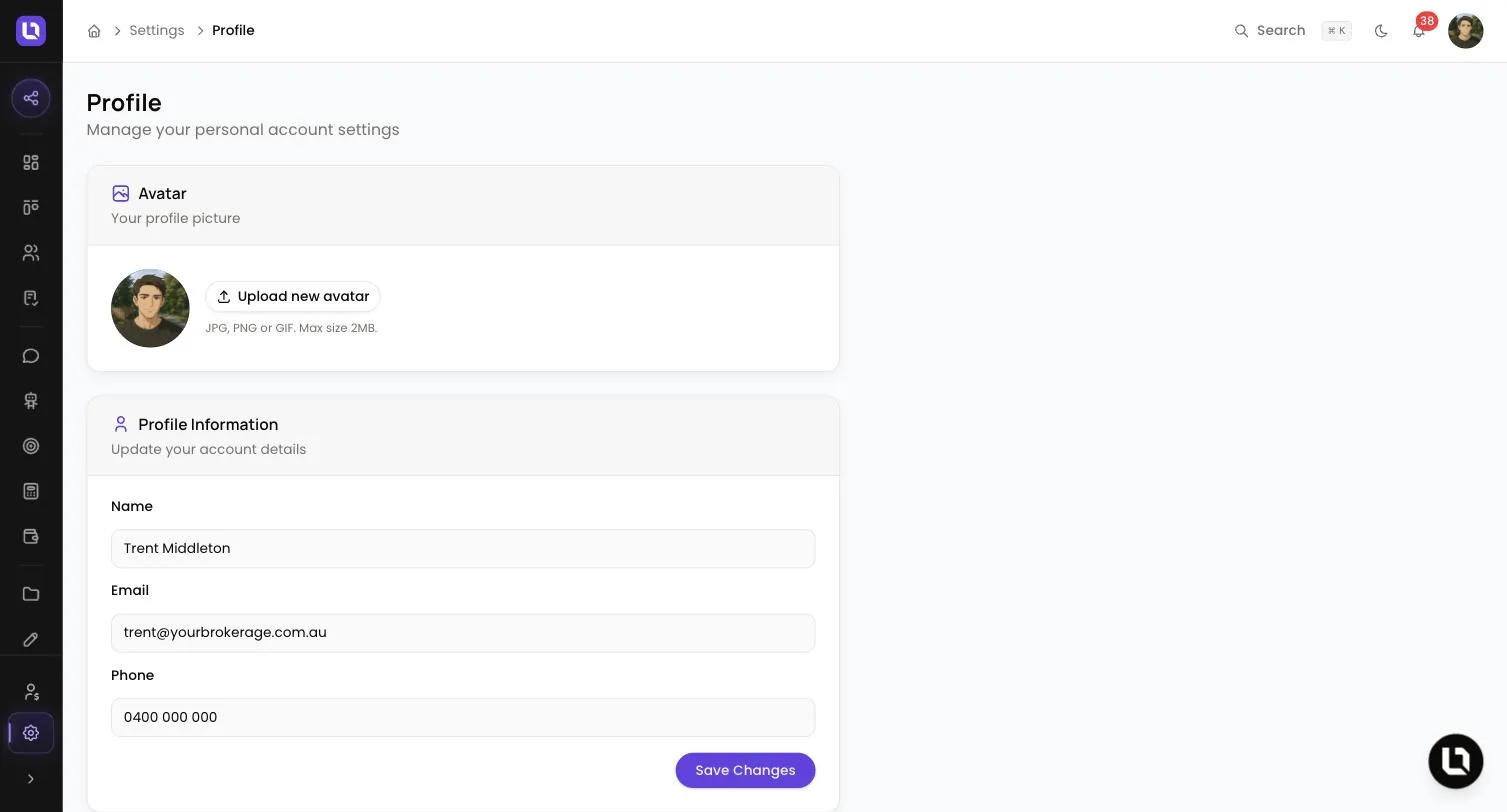 Profile page in Lend1 settings, showing the Avatar card with an Upload new avatar button and the Profile Information card with Name, Email and Phone