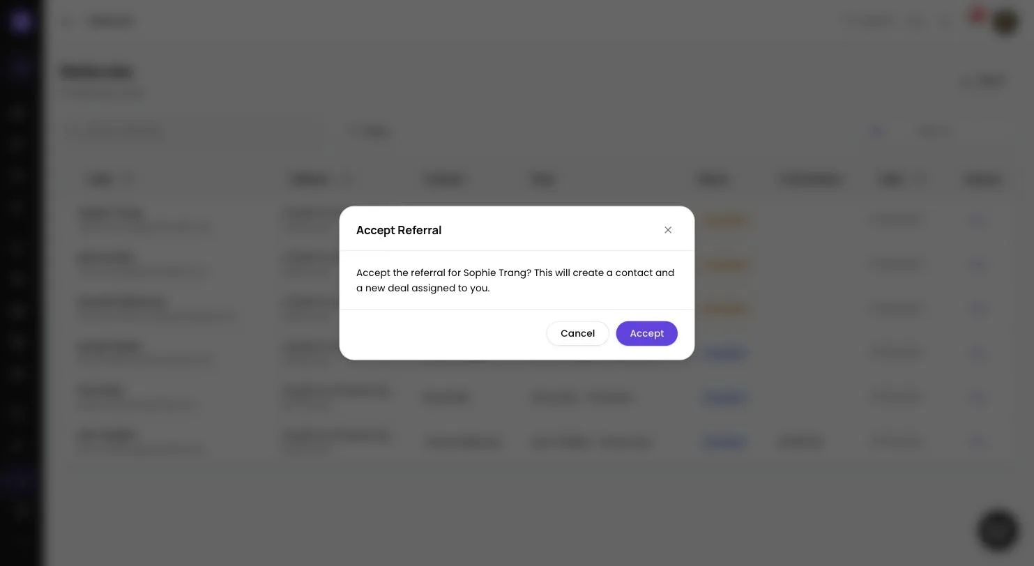 Accept Referral dialog in Lend1 confirming that accepting will create a contact and a new deal assigned to you