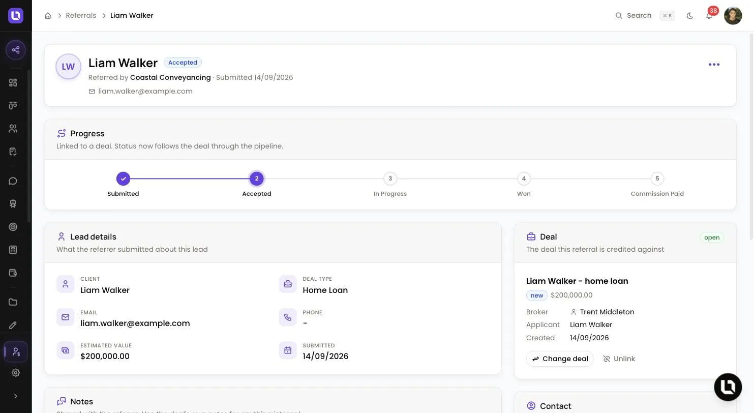 Referral detail page in Lend1, showing the Accepted badge, the Progress tracker from Submitted to Commission Paid, the Lead details card and the linked Deal card with Change deal and Unlink