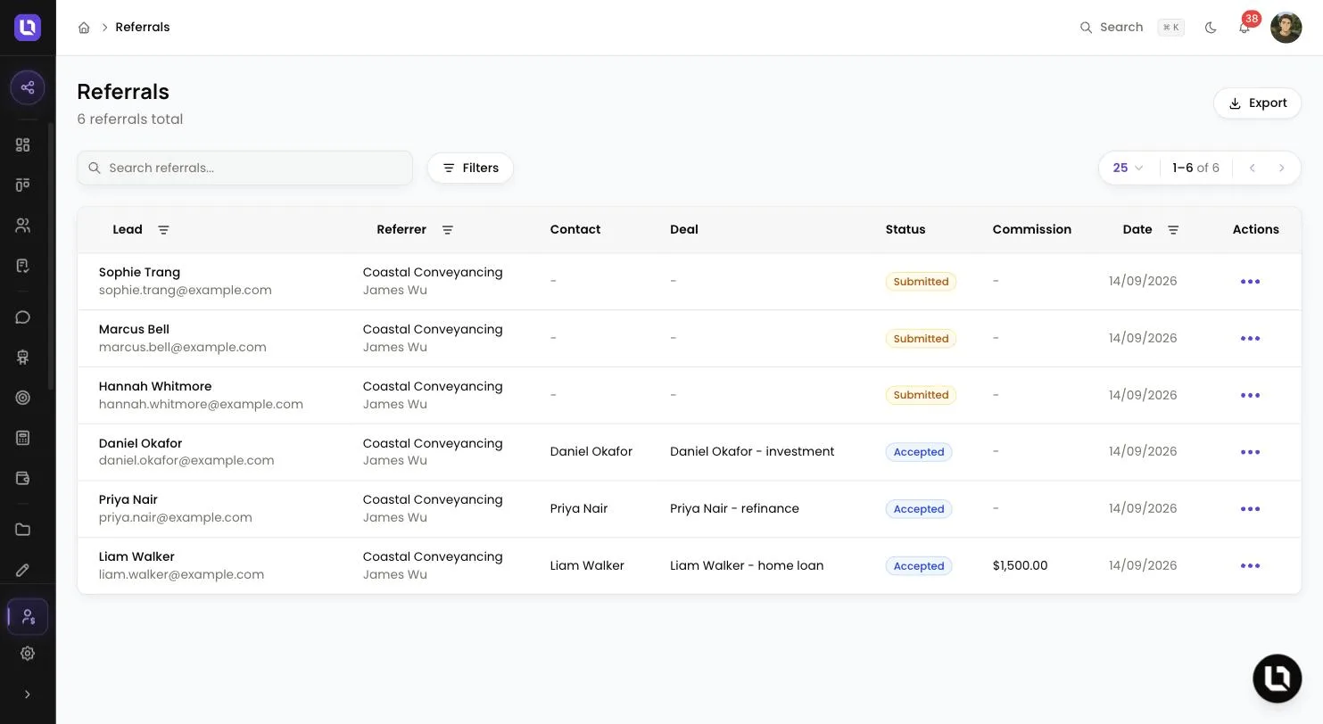 Referrals page in Lend1, showing the Export button, search, Filters and a table of referrals with their Referrer, Contact, Deal, Status and Commission columns