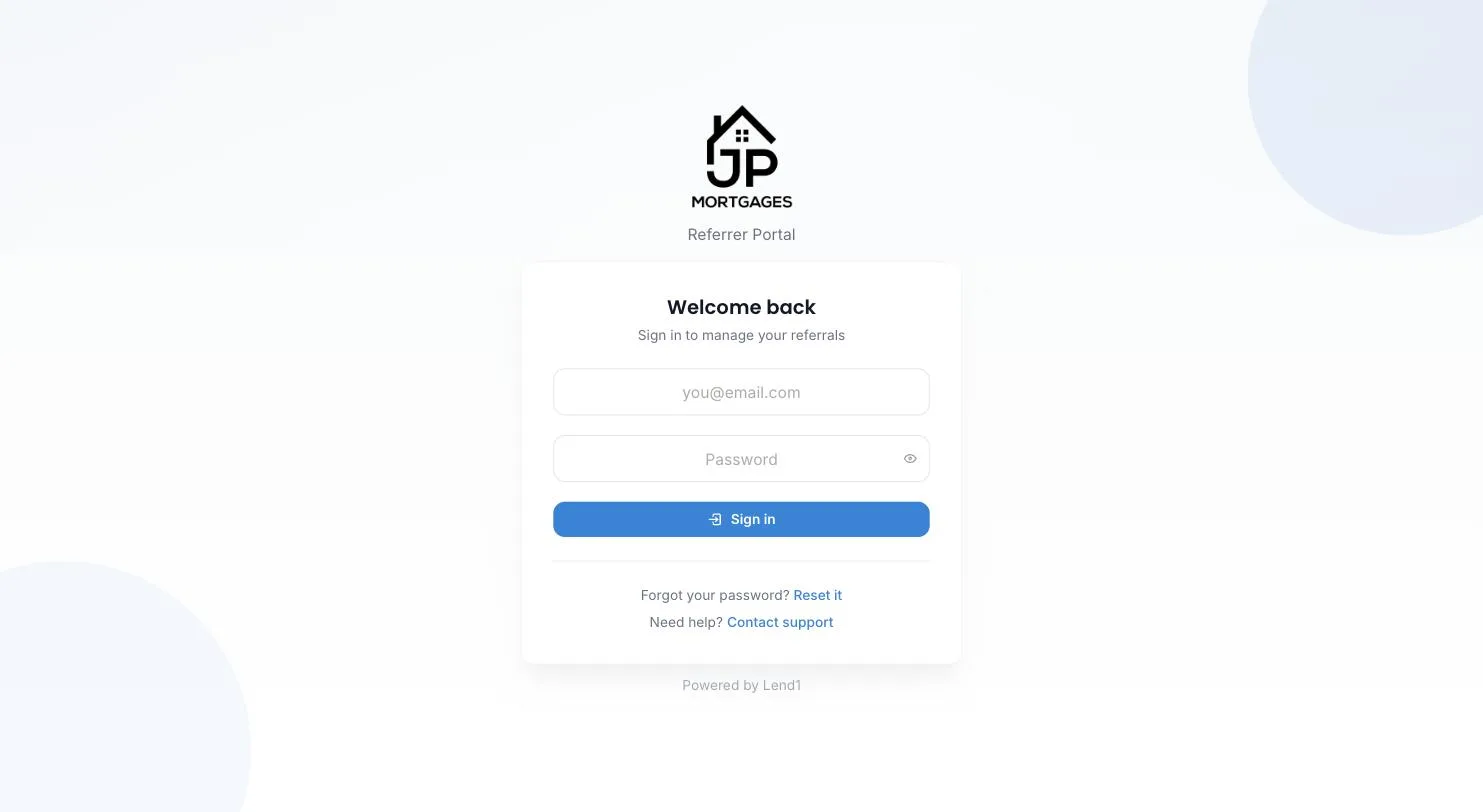 Referrer portal sign-in page carrying a brokerage's own logo, with email and password fields, a Sign in button and links to reset a password or contact support