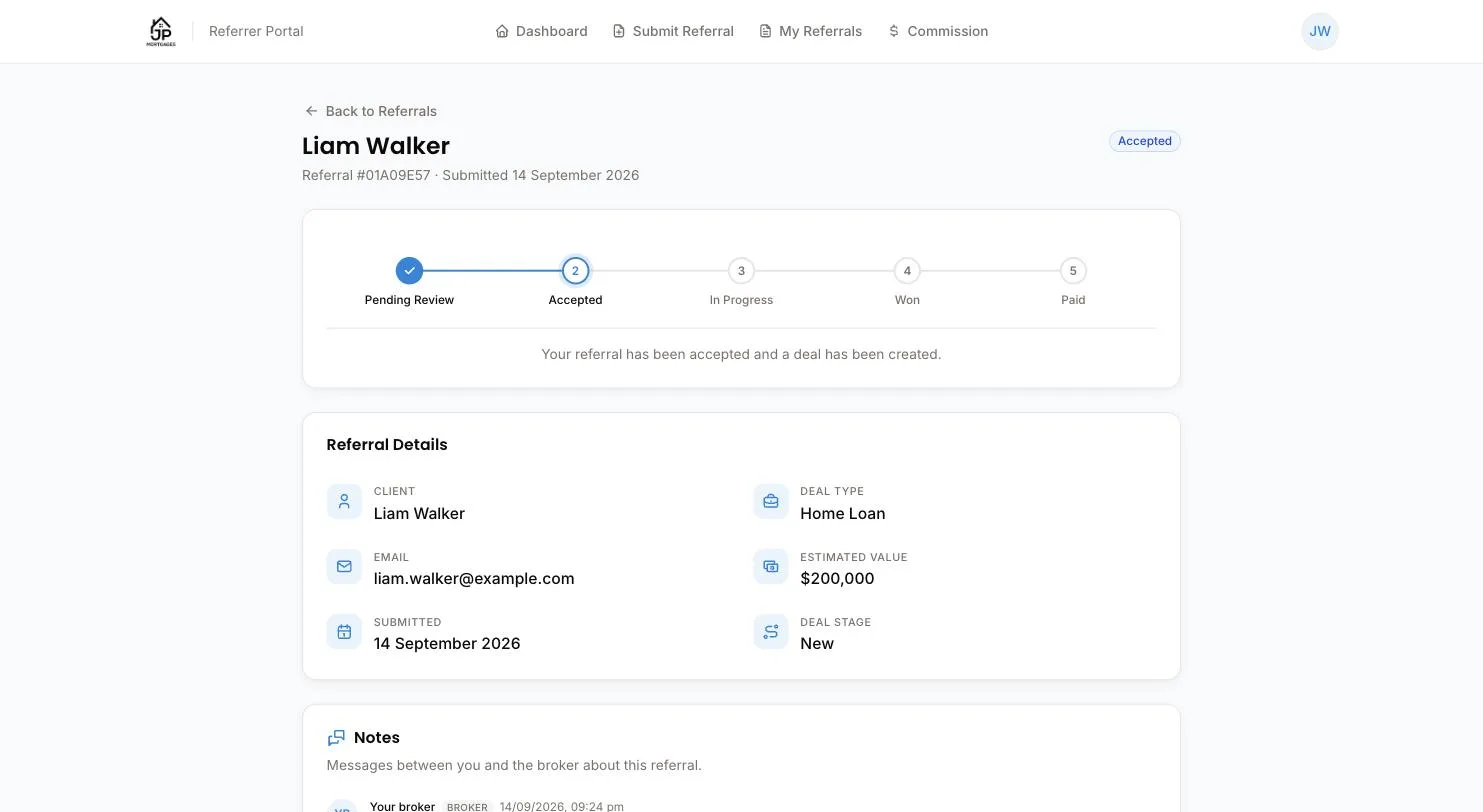 A referral's page in the referrer portal, showing the Accepted badge, a progress tracker from Pending Review to Paid, the Referral Details card with the deal stage, and the start of the Notes thread