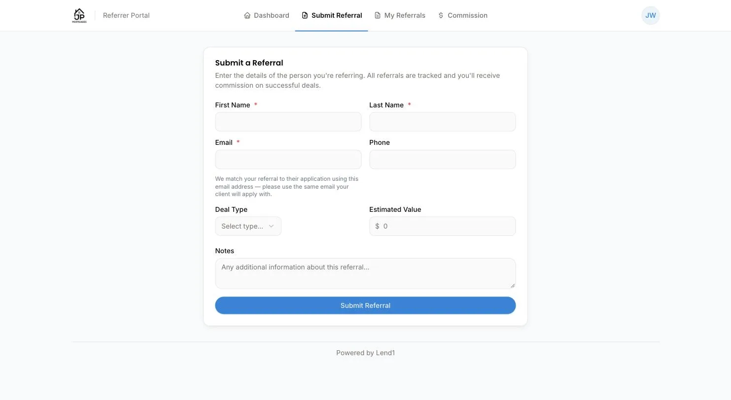 Submit a Referral form in the referrer portal, with First Name, Last Name, Email, Phone, Deal Type, Estimated Value and Notes fields and a Submit Referral button
