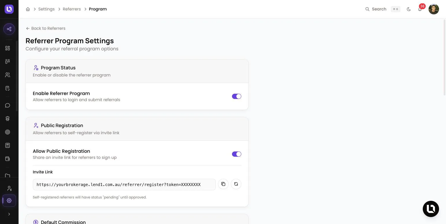 Referrer Program Settings page in Lend1 with Enable Referrer Program and Allow Public Registration switched on and the Invite Link field