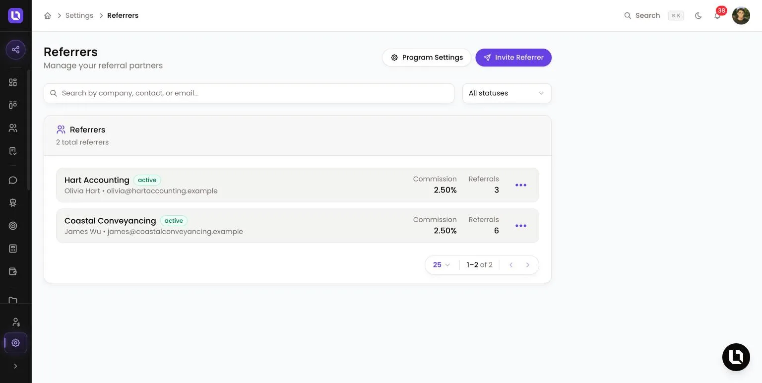 Referrers page in Lend1 settings, showing Program Settings and Invite Referrer buttons and two active referrers with their commission rate and referral count