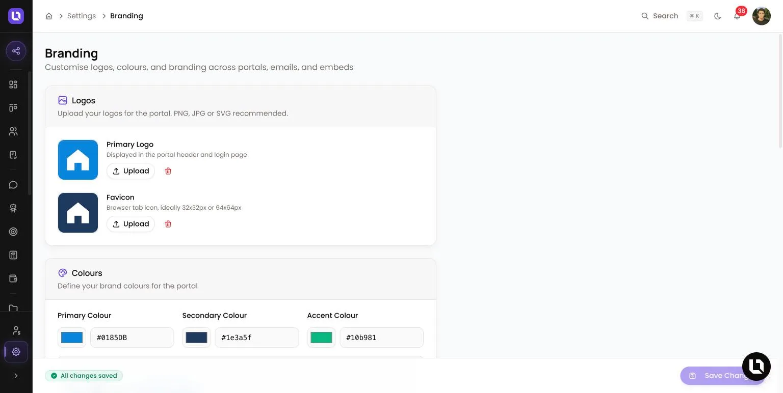 Branding page in Lend1 settings, showing the Logos card with a Primary Logo and Favicon uploaded and the Colours card with three hex values
