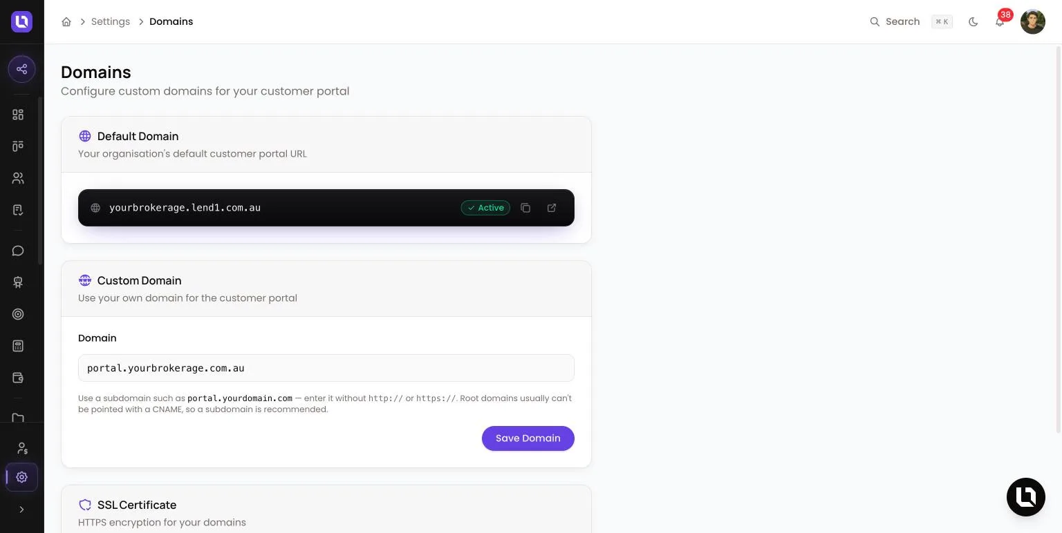 Domains page in Lend1 settings, showing the Default Domain card marked Active and a custom subdomain entered in the Domain field above the Save Domain button