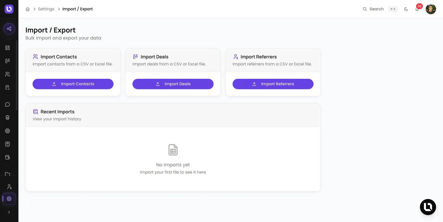 Import / Export page in Lend1 settings, showing Import Contacts, Import Deals and Import Referrers cards above the Recent Imports list