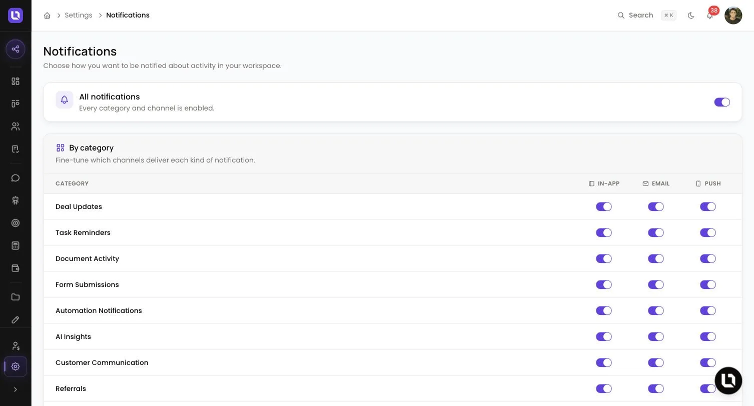 Notifications page in Lend1 settings, showing the All notifications switch and a By category table with switches for each category and channel