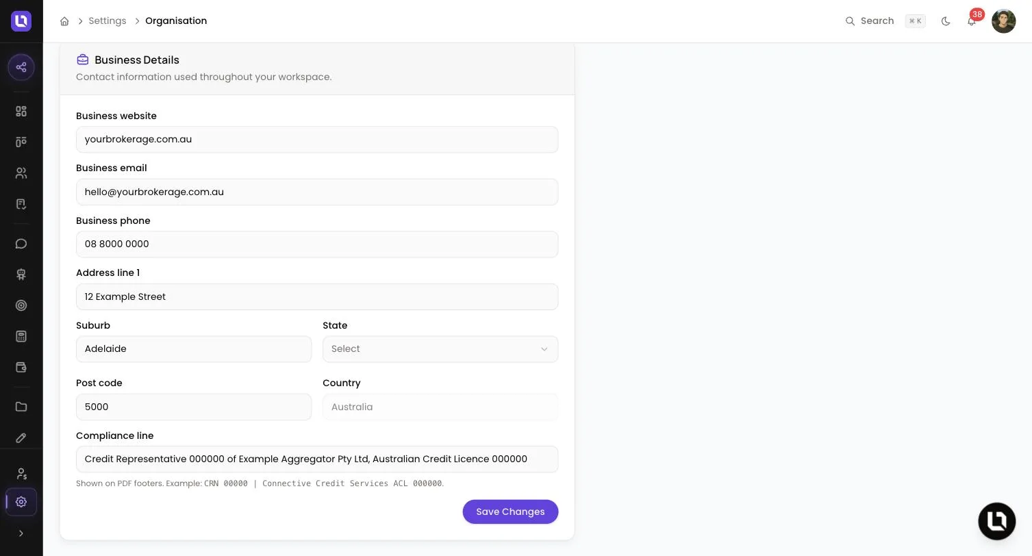 Business Details card on the Organisation page in Lend1 settings, showing Business website, Business email, Business phone, address fields and the Compliance line