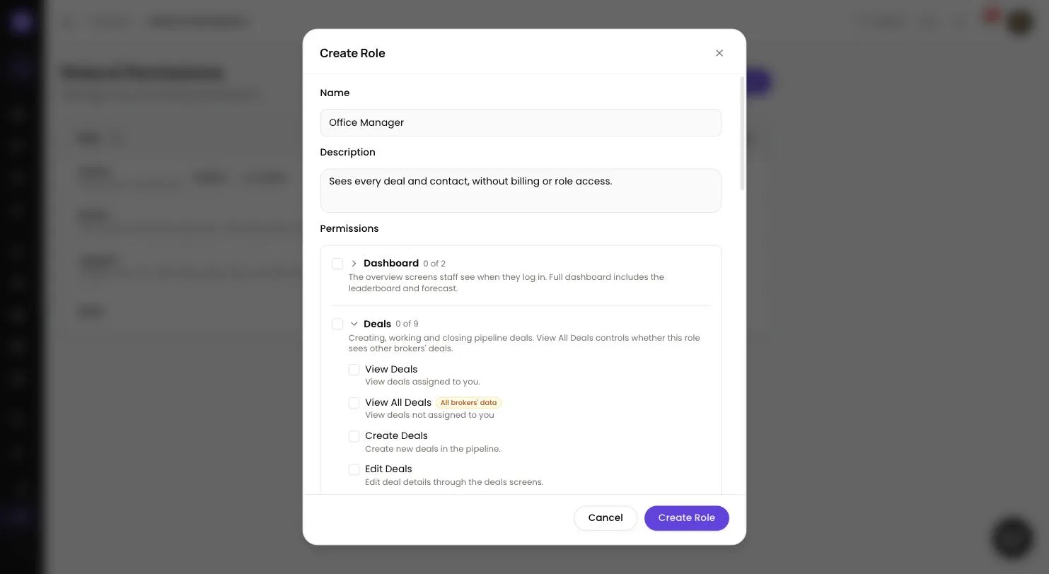 Create Role dialog in Lend1 with Name and Description filled in and the Deals permission group expanded to show View Deals, View All Deals, Create Deals and Edit Deals