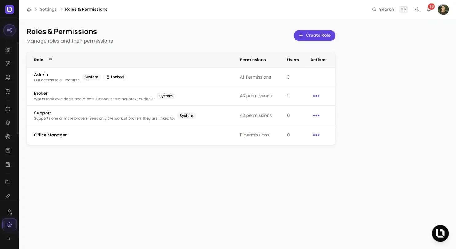 Roles & Permissions page in Lend1 settings, listing Admin with System and Locked badges, Broker, Support and a custom role, with a Create Role button
