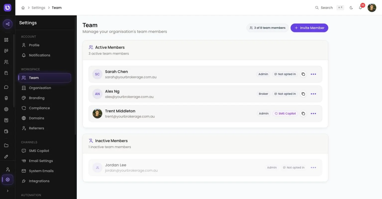 Team page in Lend1 settings, showing an Invite Member button, a list of active team members with their role badges, and a section for inactive members