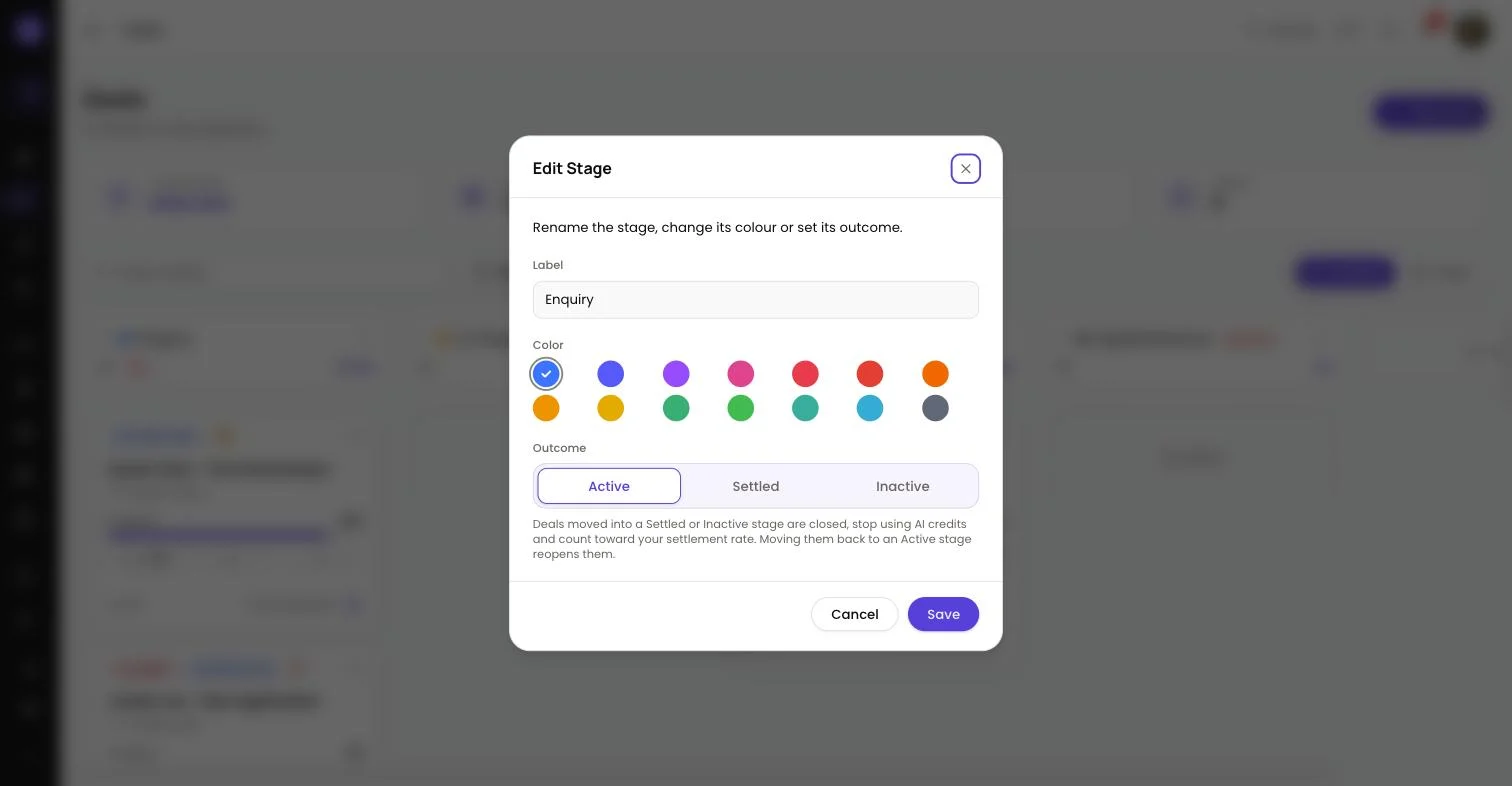 Stage editor in Lend1 showing name, colour and outcome fields