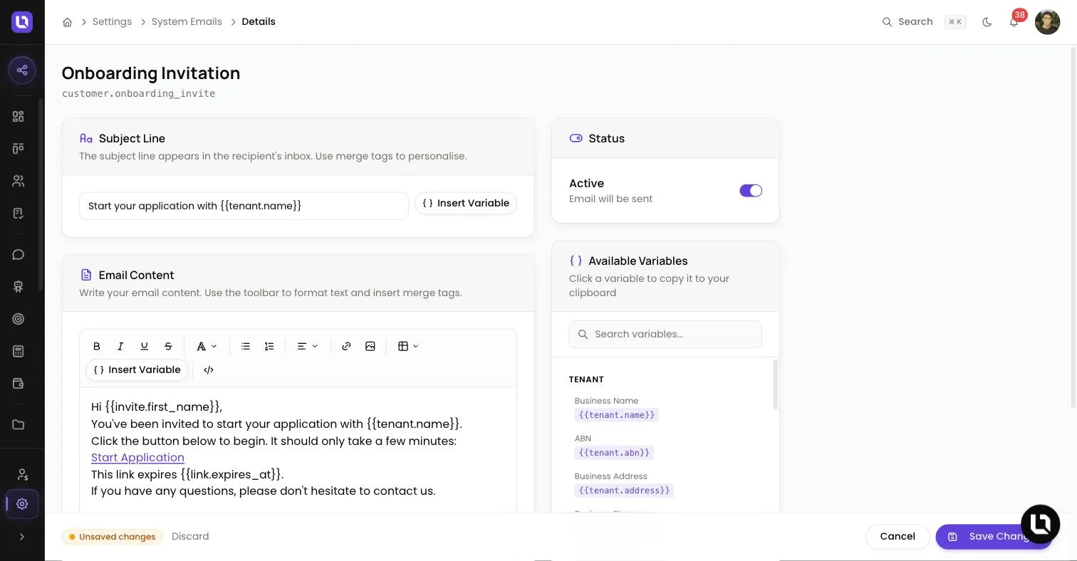 Onboarding Invitation system email in Lend1, showing the Subject Line and Email Content editors with Insert Variable buttons, the Status card and the Available Variables list