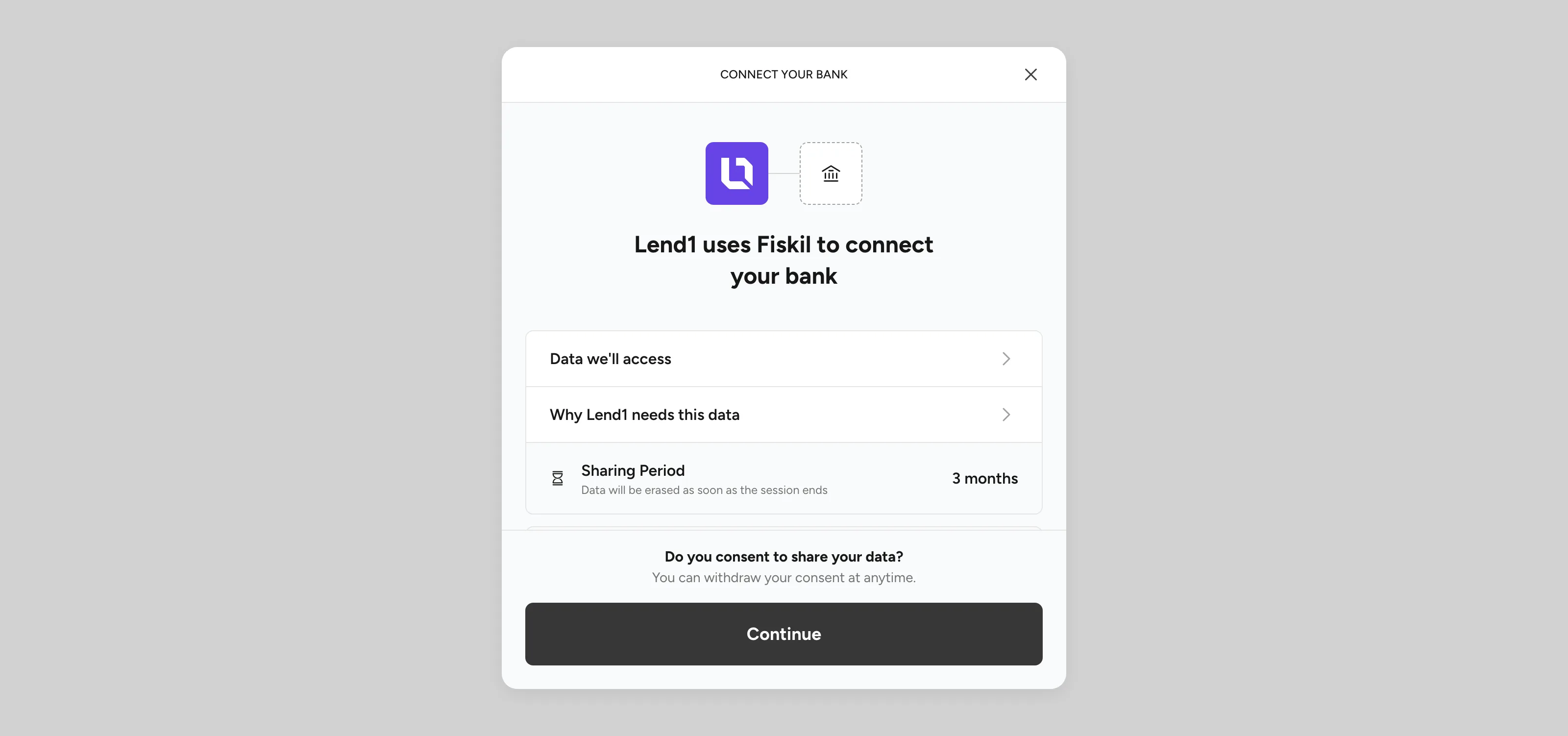 Fiskil's hosted consent screen shown to the client after they choose their bank